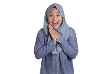 Wall Mural - Cute Muslim Lady Shows Shocked Surprised Face with Open Mouth