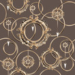 Seamless pattern of gold rings, clock hands and gears. Steampunk style. 3D illustration.