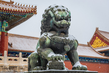 Canvas Print - Traditional lion sculpture in front of Gate of Supreme Harmony in Forbidden City, main tourist attraction in Beijing, capital city of China