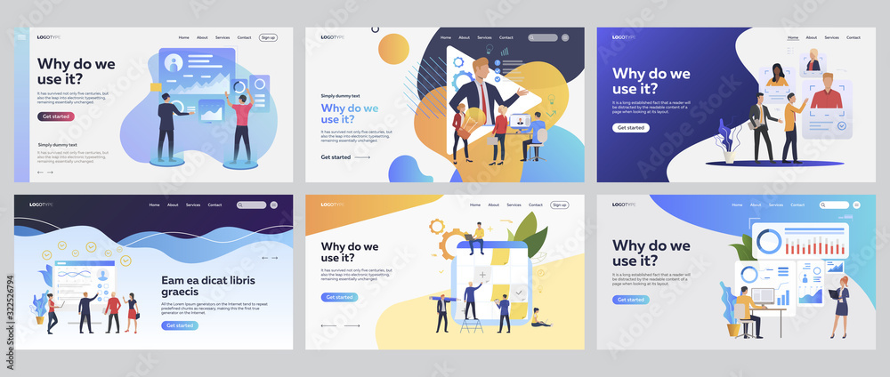 Team working together set. Managers analyzing charts, consulting expert online, planning tasks. Flat vector illustrations. Business, teamwork concept for banner, website design or landing web page - obrazy, fototapety, plakaty 