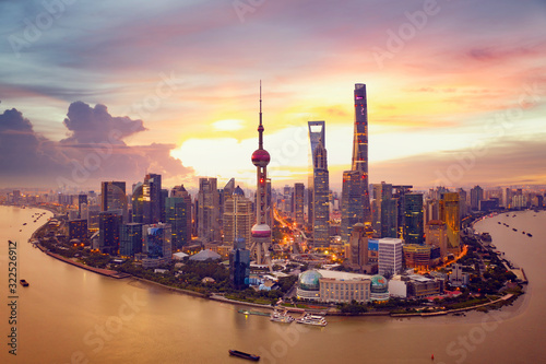 Sunset and Cityscape of Shanghai, Canvas Print