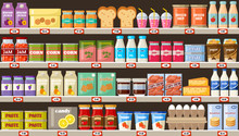 Supermarket, Shelves With Products And Drinks