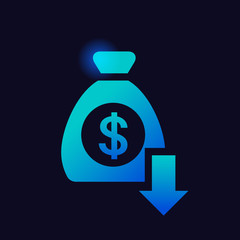 Poster - money bag with dollar glowing neon icon fall down arrow financial crisis bankruptcy concept banking icons for ui and ux website or mobile app vector illustration