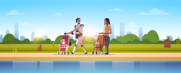 Poster - robotic babysitter and mother walking with baby in stroller robot vs human standing together artific