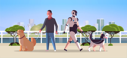 Poster - robotic character and man walking with dogs robot vs human standing together with pets public park a