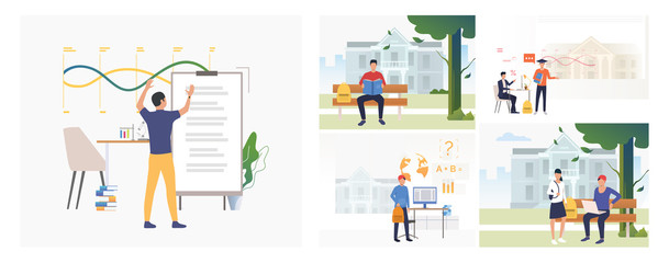 Poster - Set of people studying at universities. Flat vector illustrations of education, knowledge, routine. Educational routine concept for banner, website design or landing web page
