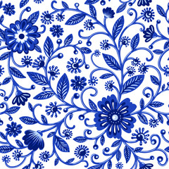 Wall Mural - Floral watercolor pattern with blue flowers