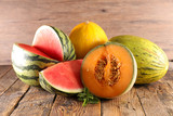 various of  melon and waterlon on wood background