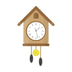 Clock with pendulum and cuckoo. Old fashioned, retro wooden clock isolated on white background. Vector illustration in flat style. EPS 10.