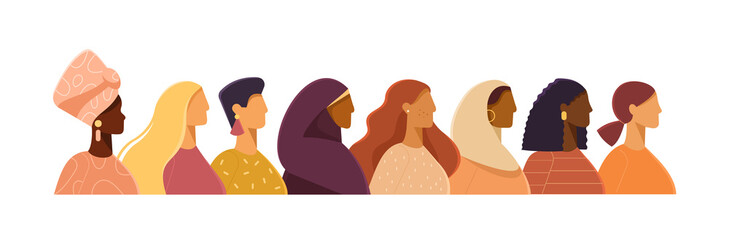 Canvas Print - Vector illustration with women of different nationalities. Struggle for freedom, independence, equality. Ethnic beauty. Different women: African, Asian, European, Muslim. Flat design, white isolated 