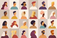 Set Of Profile Portraits Or Heads Of Male And Female Cartoon Characters. Various Nationality. Blond, Brunet, Redhead, African American, Asian, Muslim, European. Set Of Avatars. Vector, Flat Design