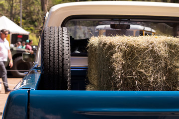 blue truck with hay stack