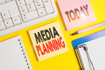 Wall Mural - Handwriting text writing Media Planning. Conceptual photo the process of identifying and selecting media outlets Empty papers with copy space on yellow background table