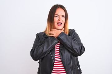 Sticker - Young beautiful woman wearing striped shirt and jacket over isolated white background shouting and suffocate because painful strangle. Health problem. Asphyxiate and suicide concept.