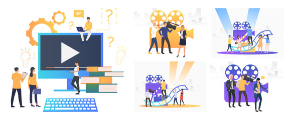 Poster - TV broadcast set. Cameraman, director, reporter crew making reportage at camera. Flat vector illustrations. Video, film making concept for banner, website design or landing web page