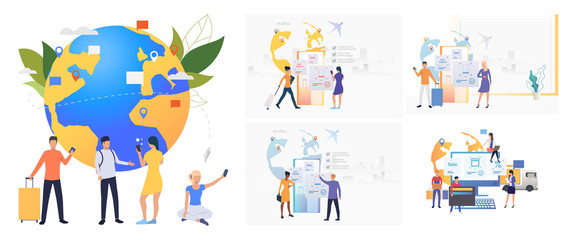 Poster - Set of people using mobile phones and booking flight ticket. Flat vector illustrations of tourist, passenger, luggage. Booking online concept for banner, website design or landing web page