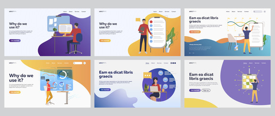 Poster - Business task planning set. Office employee analyzing report, chart, note board. Flat vector illustrations. Workplace, strategy concept for banner, website design or landing web page