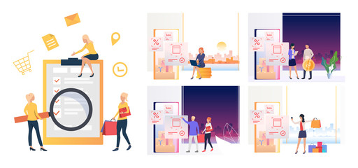 Poster - Online store sale set. Consumers holding shopping bags near phone screens with discount buttons. Flat vector illustrations. Commerce, retail concept for banner, website design or landing web page