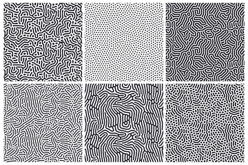 Set of organic seamless patterns with rounded lines, drips. Diffusion reaction background. Linear design with biological shapes. Structure of natural cells, maze, coral. Abstract vector illustration.