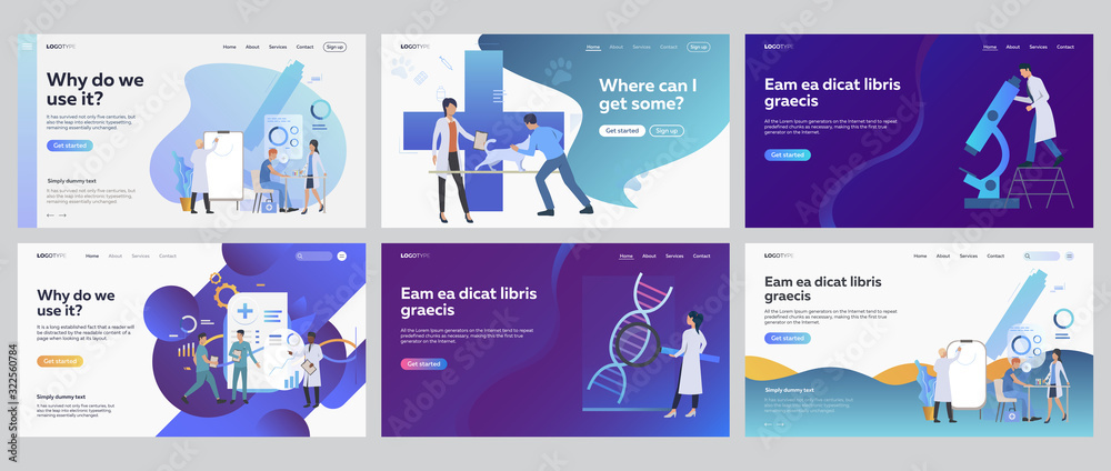 Medical research set. Doctors working in lab with microscope, charts, graphs. Flat vector illustrations. Medicine, test, science concept for banner, website design or landing web page - obrazy, fototapety, plakaty 