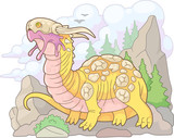 Fototapeta Dinusie - cartoon scary carnivorous dragon went hunting, funny illustration