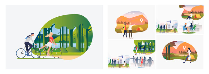 Poster - Set of adventure travel illustrations. Flat vector illustrations of people resting in city, hiking, walking with Nordic sticks outdoors. Activity concept for banner, website design or landing web page