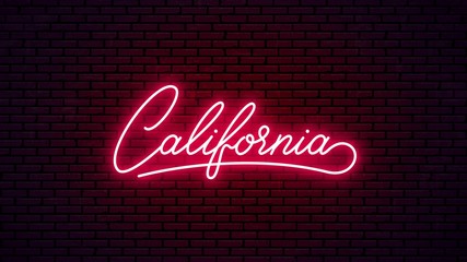 California neon lettering signboard. Glowing red text for for the name of bar, club, etc. Ready inscription for neon sign form. California, neon logo design.