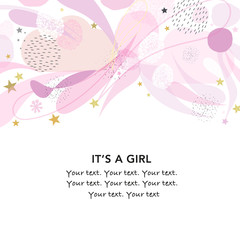 It's a girl. Baby shower greeting card with raindrop cloud, square, dots and stars greeting card. Baby first birthday, t-shirt, baby shower, baby gender reveal party design element vector