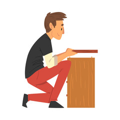 Sticker - Man Assembling and Installing Wooden Nightstand, Manual Furniture Assembly Vector Illustration