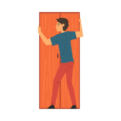 Sticker - Man Assembling and Installing Wardrobe, Manual Furniture Assembly Vector Illustration