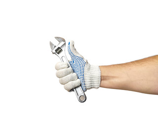 Men is holding a adjustable wrench isolated on white background.