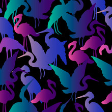 Vector Stock Seamless Pattern With Stork And Flamingo Silhouette On Black Background. Exotic Birds Texture For Wrapping Paper, Textile, Apparel, Prints, Posters. 