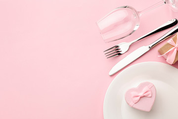 Sticker - Composition for valentine's day dinner on pink background with copy space