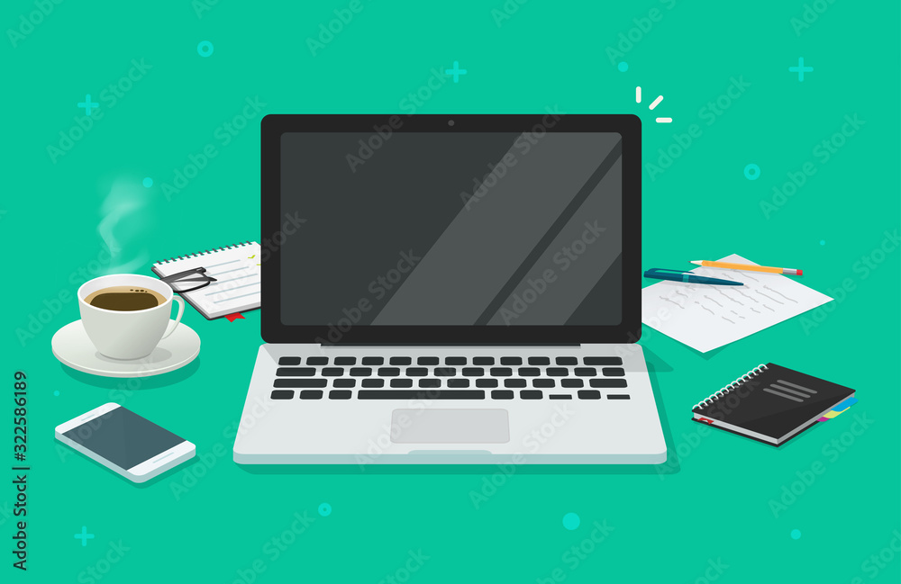 Computer laptop with blank empty screen for copy space text on workin desk table or workplace vector illustration flat cartoon, pc with empty display work place office modern design image - obrazy, fototapety, plakaty 