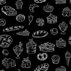 Wall Mural - Bakery, sweets, candy chalk food vector seamless pattern on black background. Concept for wallpaper, wrapping paper, cards 