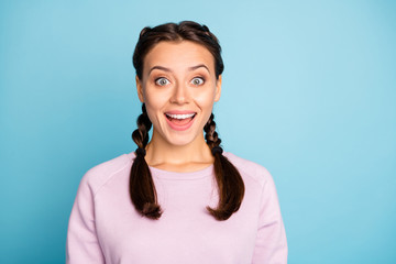 Canvas Print - Close-up portrait of her she nice-looking attractive pretty winsome cheerful cheery glad amazed girl isolated on bright vivid shine vibrant blue green teal turquoise color background