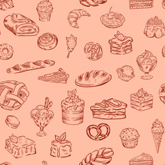 Wall Mural - Sweets, bakery , croissant, ice cream food vector seamless retro pattern . Concept for print, wallpaper, wrapping paper, cards, menu 