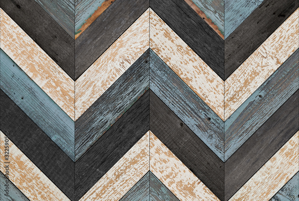 Vintage wooden wall with chevron pattern made of barn boards. Old weathered wood texture for background.   - obrazy, fototapety, plakaty 