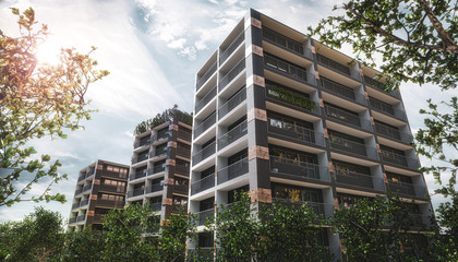 Modern apartment buildings exteriors, in sunny day, green area, park