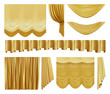 © WinWin - Golden stage curtains. Realistic interior theater luxury gold velvet curtains, gold royal silk decorative elements vector illustration set. 3d yellow movie, entertainment textile drapery