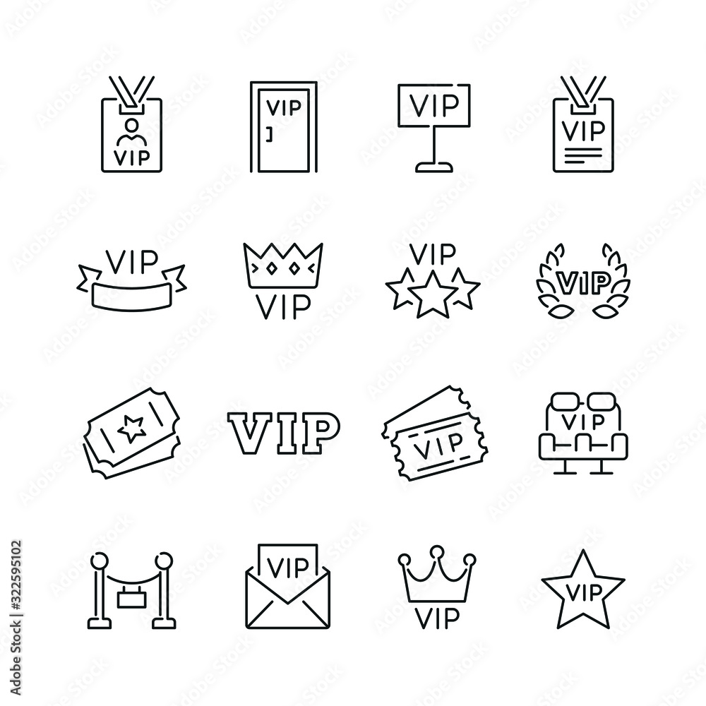 Vip Icon Set Vip related icons: thin vector icon set, black and white kit Stock ...