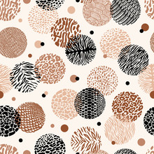 Seamless Vector Pattern With Doodle Wild Animal Print Circles. Wild Animals Skin Abstract Background