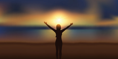 Wall Mural - happy girl with raised arms looking at magic sunset on the beach vector illustration EPS10