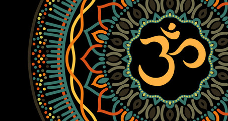 Wall Mural - Abstract mandala graphic design and diwali om hinduism symbol with watercolor digital painting for decorative elements backgrounds