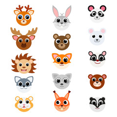  Funny cute forest animal heads. Cartoon characters. Flat vector stock illustration on white background.