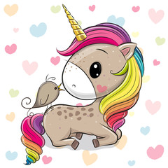 Wall Mural - cartoon unicorn with a bird on a hearts background