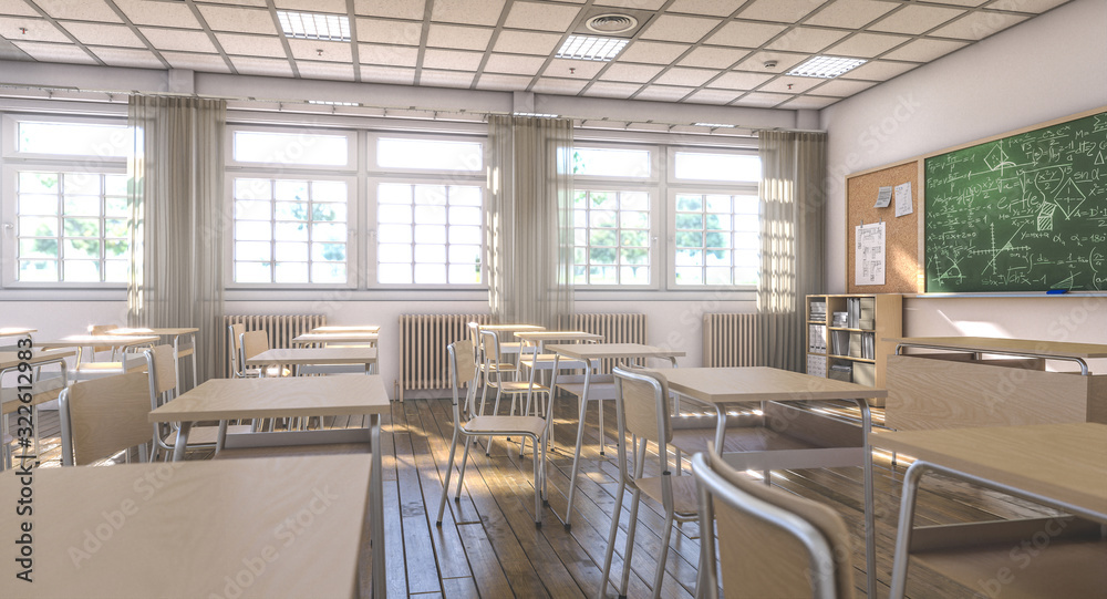 interior of a classic school class with wooden desks - obrazy, fototapety, plakaty 