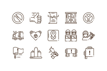 Poster - icon set of protest and police concept, line style