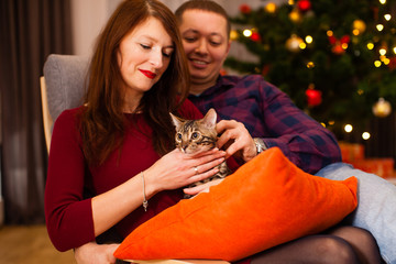 Happy couple with kitten at home at Christmas