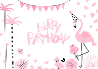 Happy Birthday card design with Candy Pink Flamingo in cone hat with ice-cream, palm, flower, butterfly, confetti. Exotic bird simple linear transparent overlapping shapes vector clip-art.